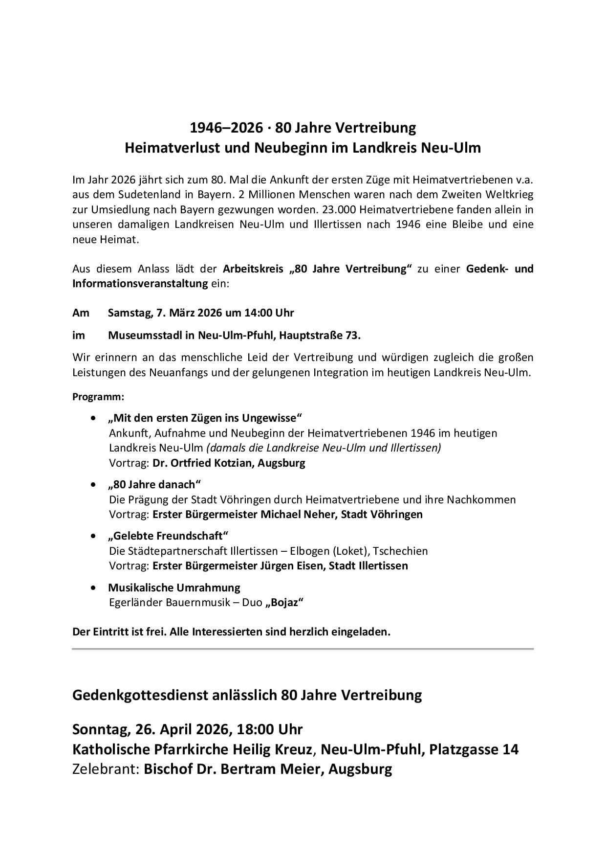Gedenkgottesdienst anl. 80 Jahre Vertreibung mit Bischof Bertram in Pfuhl